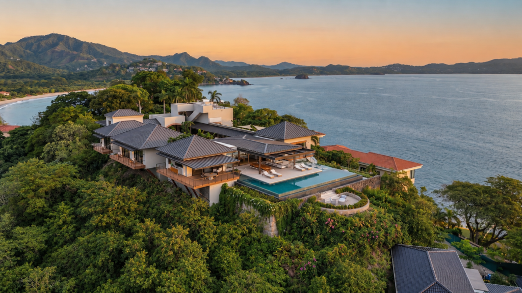 Aerial view of the villa at sunset on a headland above the bay.