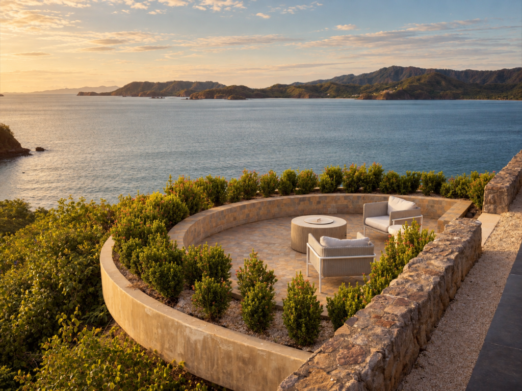 Circular fire-pit terrace with built-in seating on a clifftop above the bay.