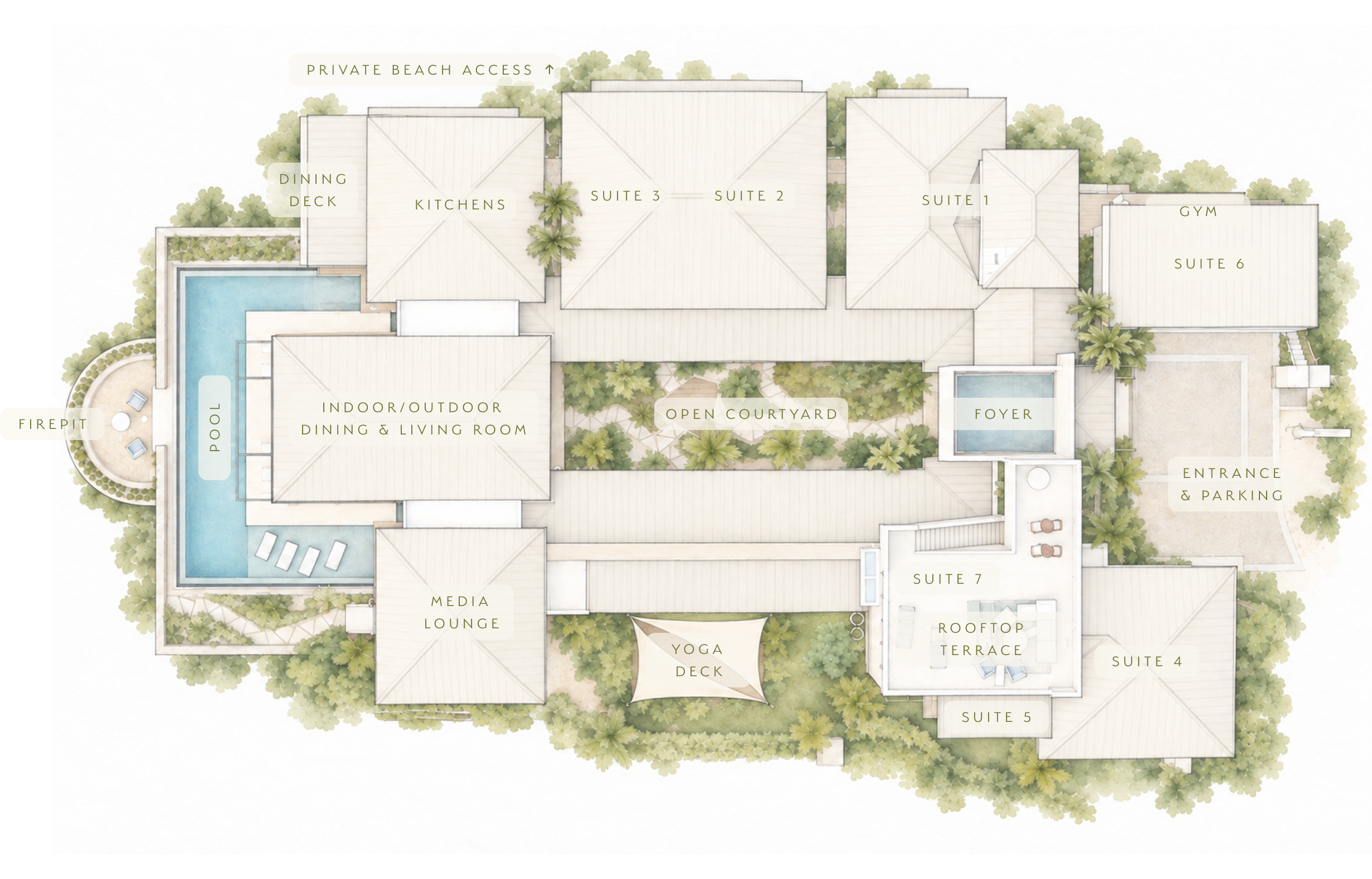 Floor plan of the villa showing the suites, living and dining areas, pool and courtyard.