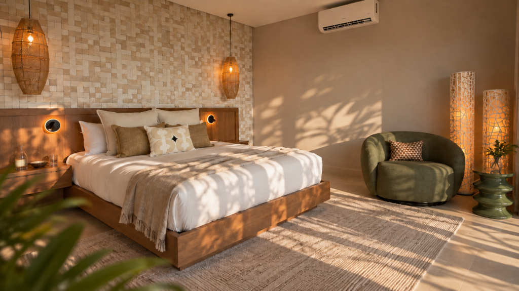 Suite bedroom with a king bed, woven pendant lamps, green armchair and textured stone wall.