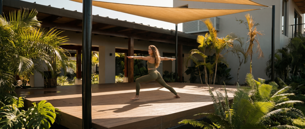 A woman practices yoga on a shaded wooden deck surrounded by tropical plants.