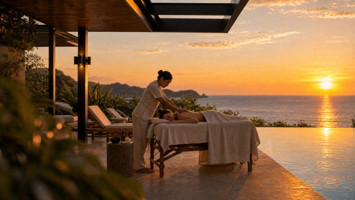 A therapist gives a guest a massage on the pool deck at sunset.